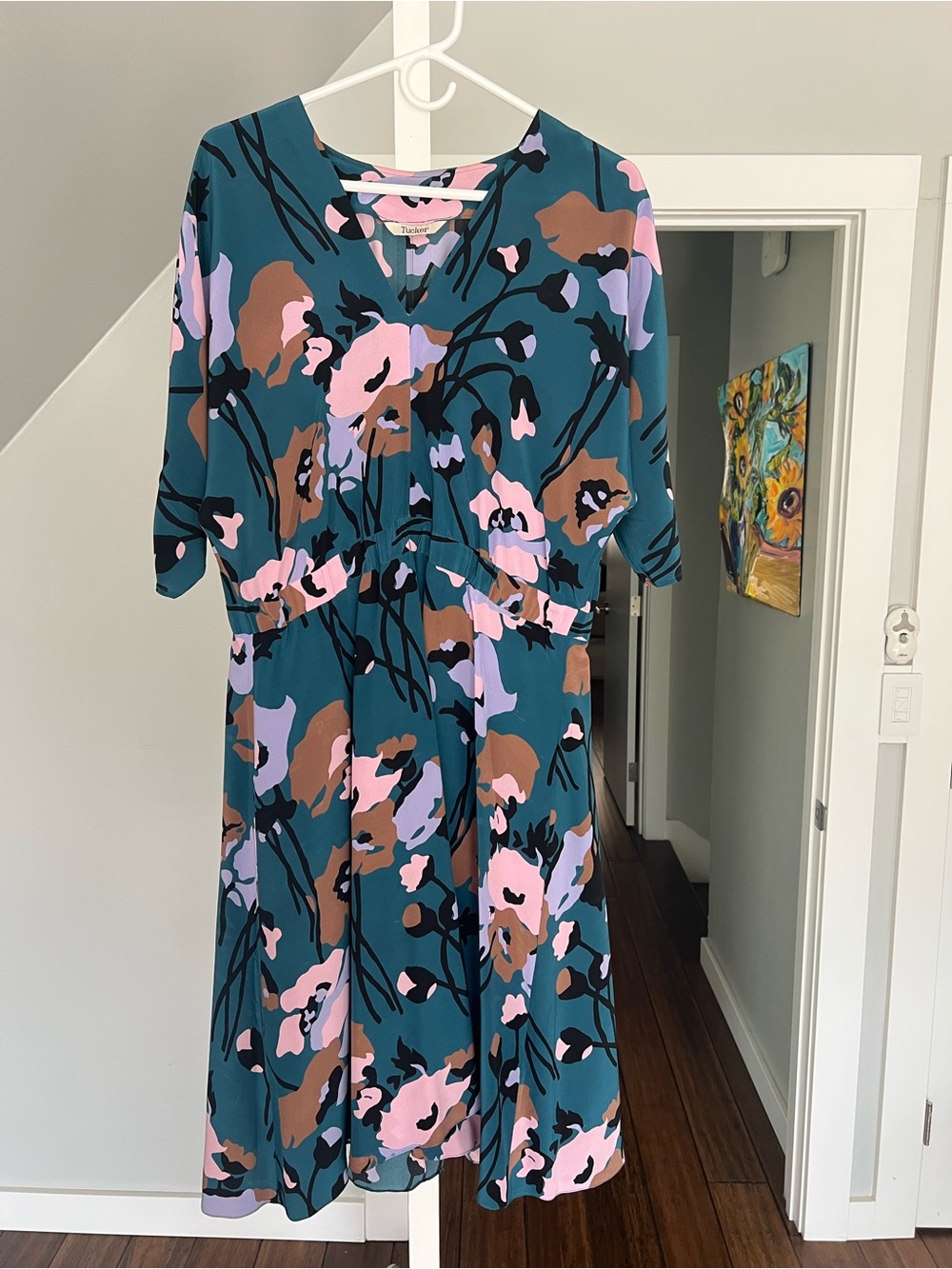 Tucker NYC Silk Floral Print Midi Dress Teal Pink V-Neck 3/4 Sleeve Size L